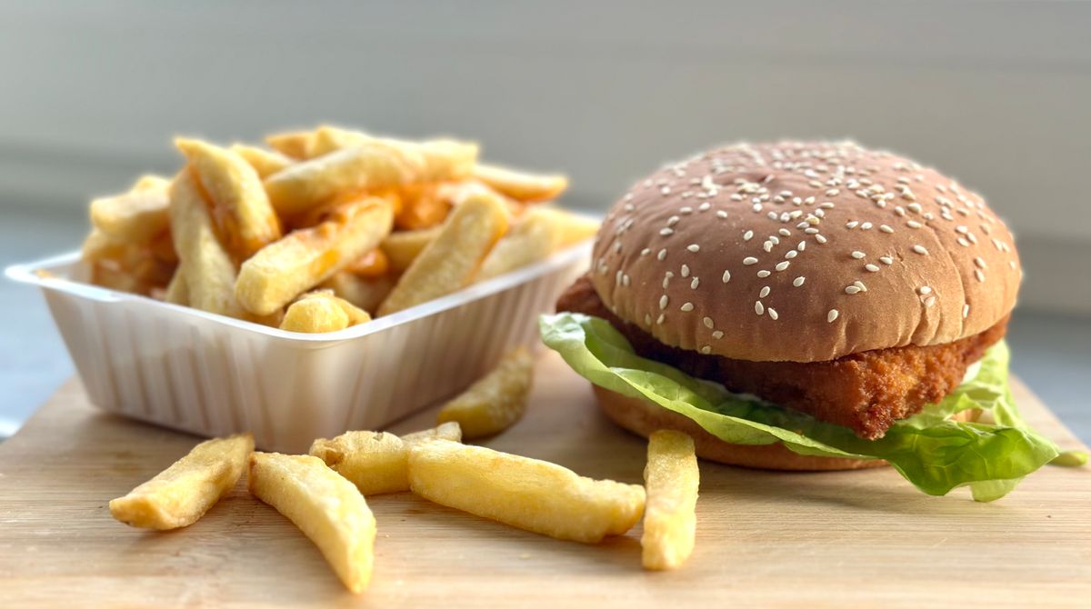 Chicken Burger with melted cheese close up