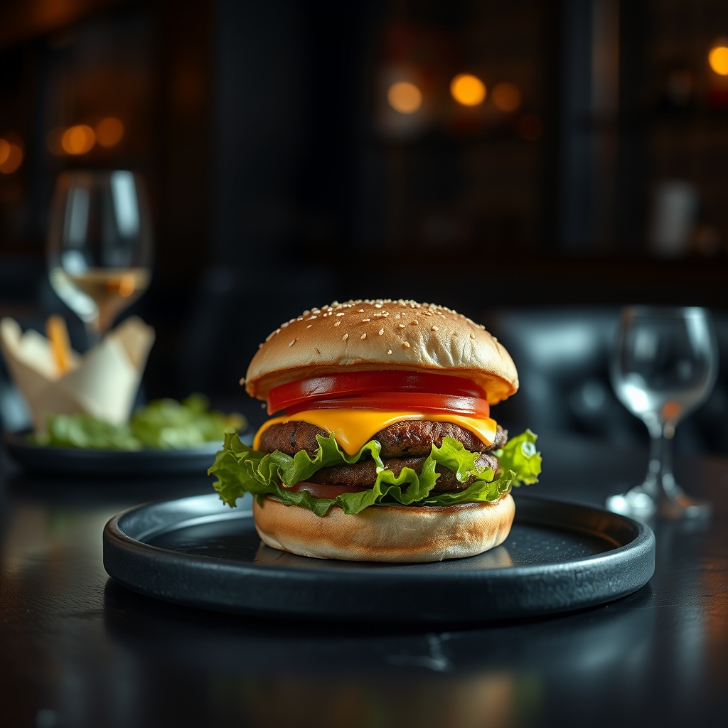 Juicy gourmet burger with lettuce and sauce, close-up food photography