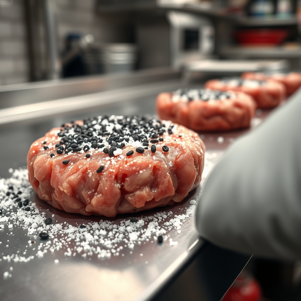 Burger patties being seasoned and cooked