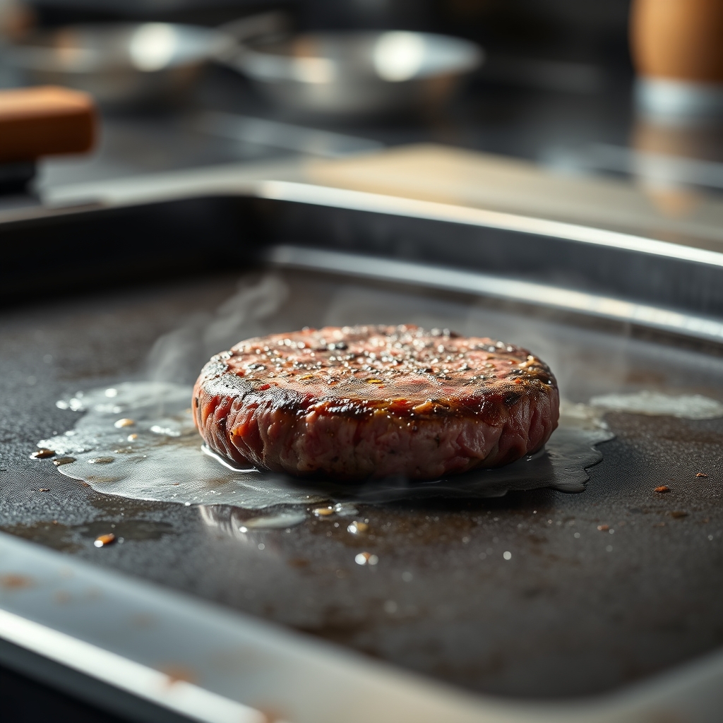 Burger patties sizzling on a cooking surface