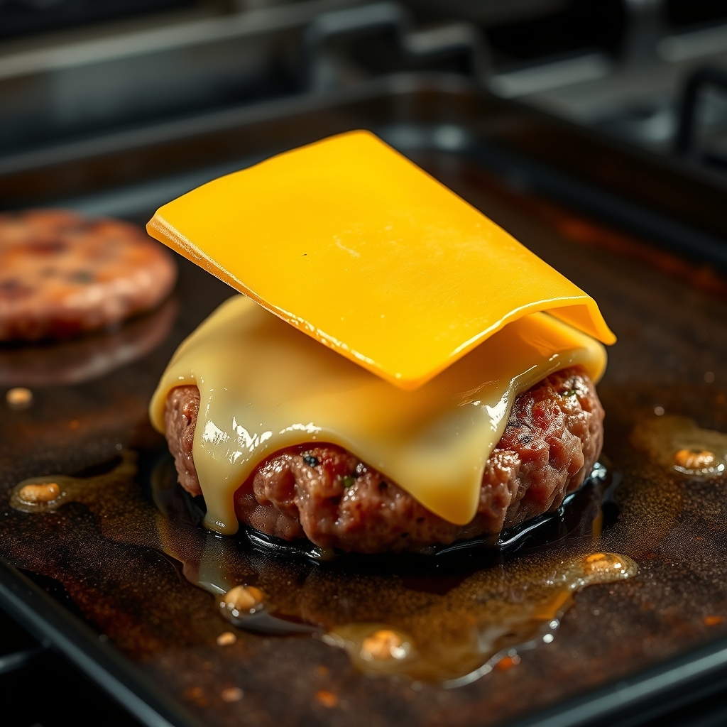 Chef adding cheese to burger patties on a grill