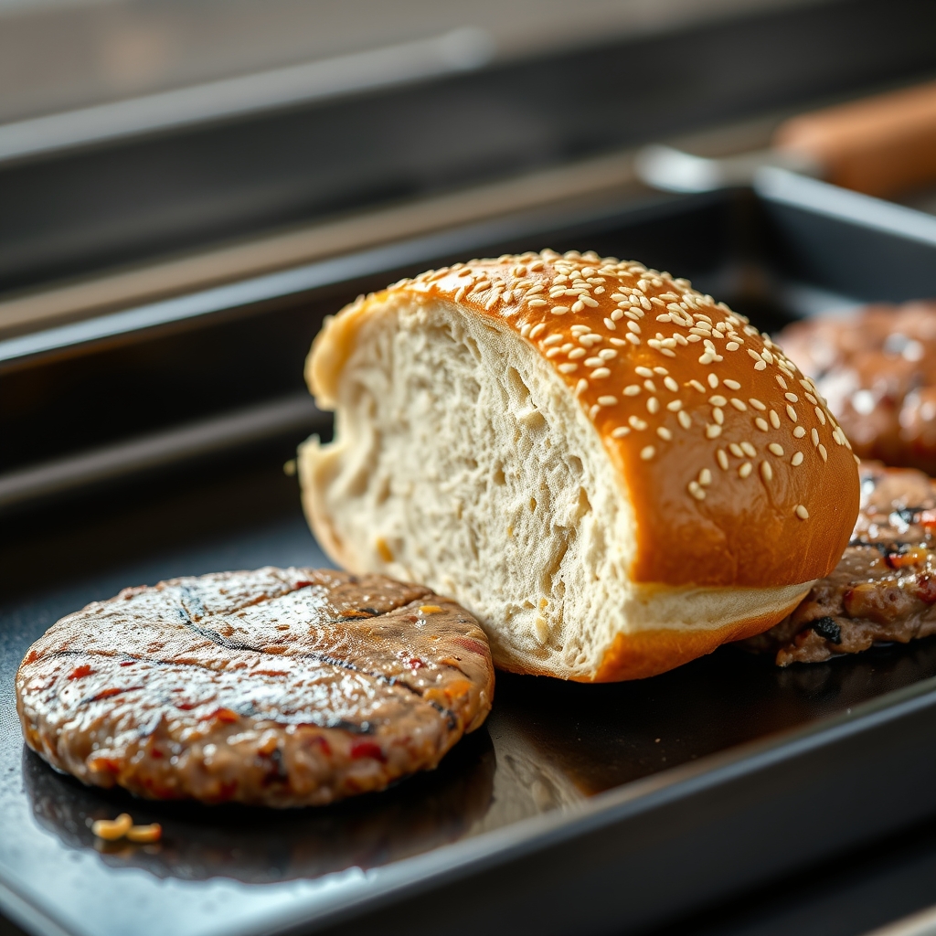 Burger components and toasted buns on a griddle