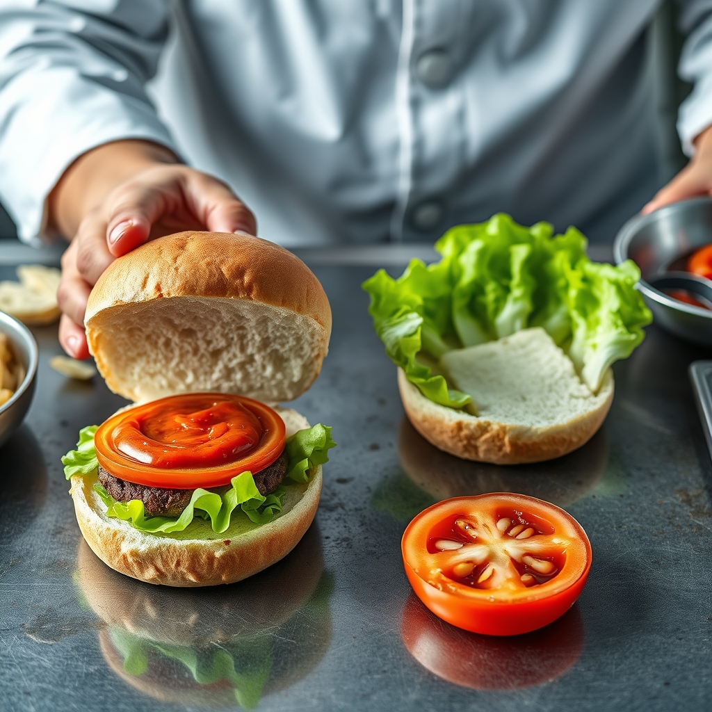 Sauce being added to burger buns in a kitchen