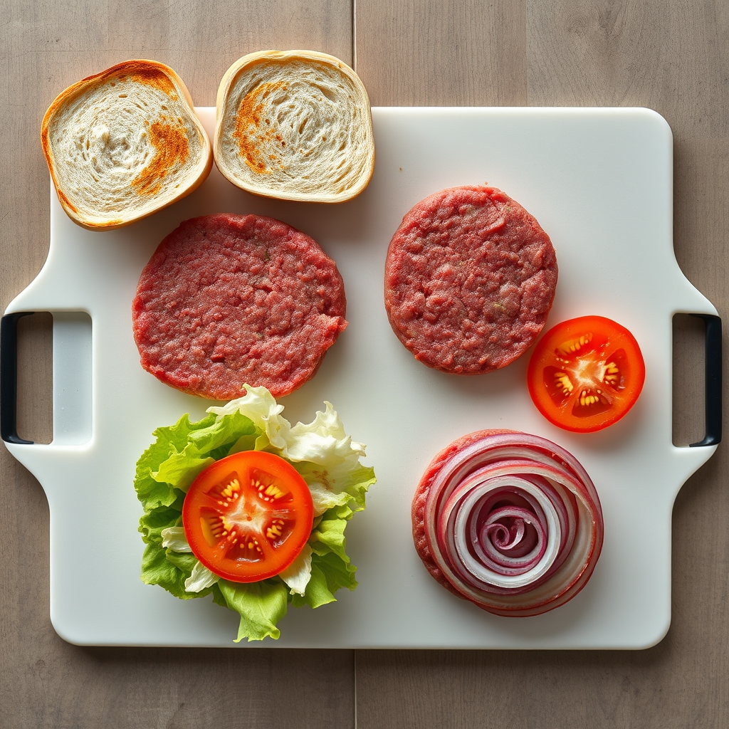 Burger ingredients including bun, beef patty and fresh vegetables