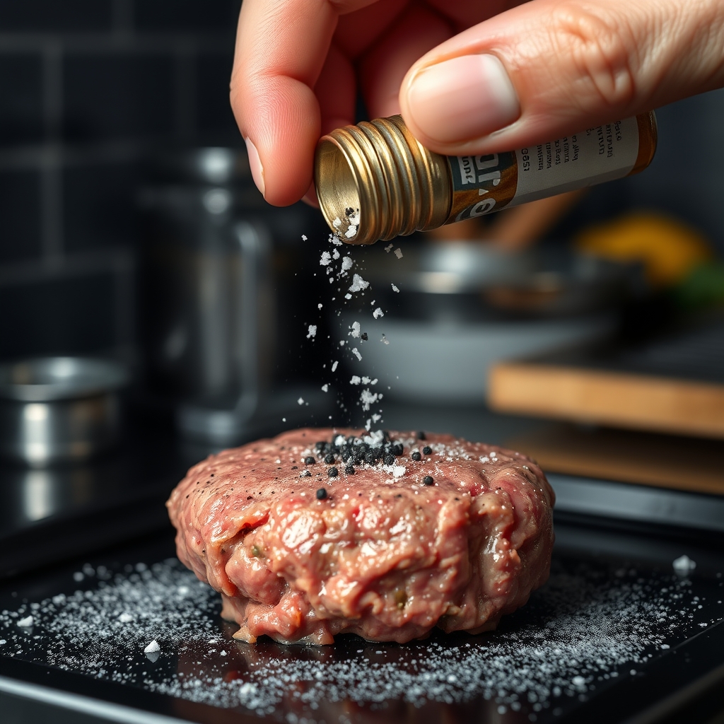 Beef burger patties being seasoned before cooking