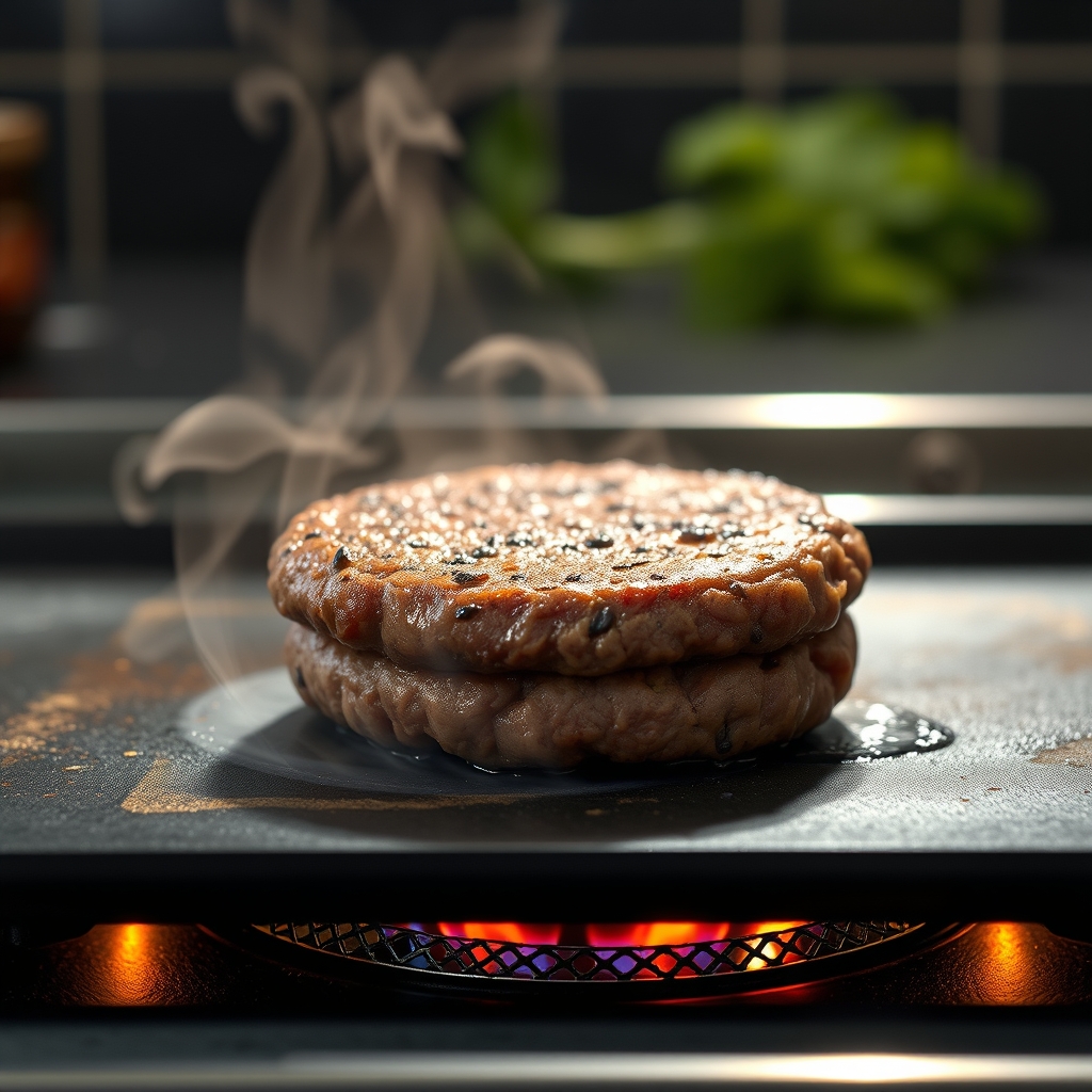 Burger patties sizzling and browning on a hot grill
