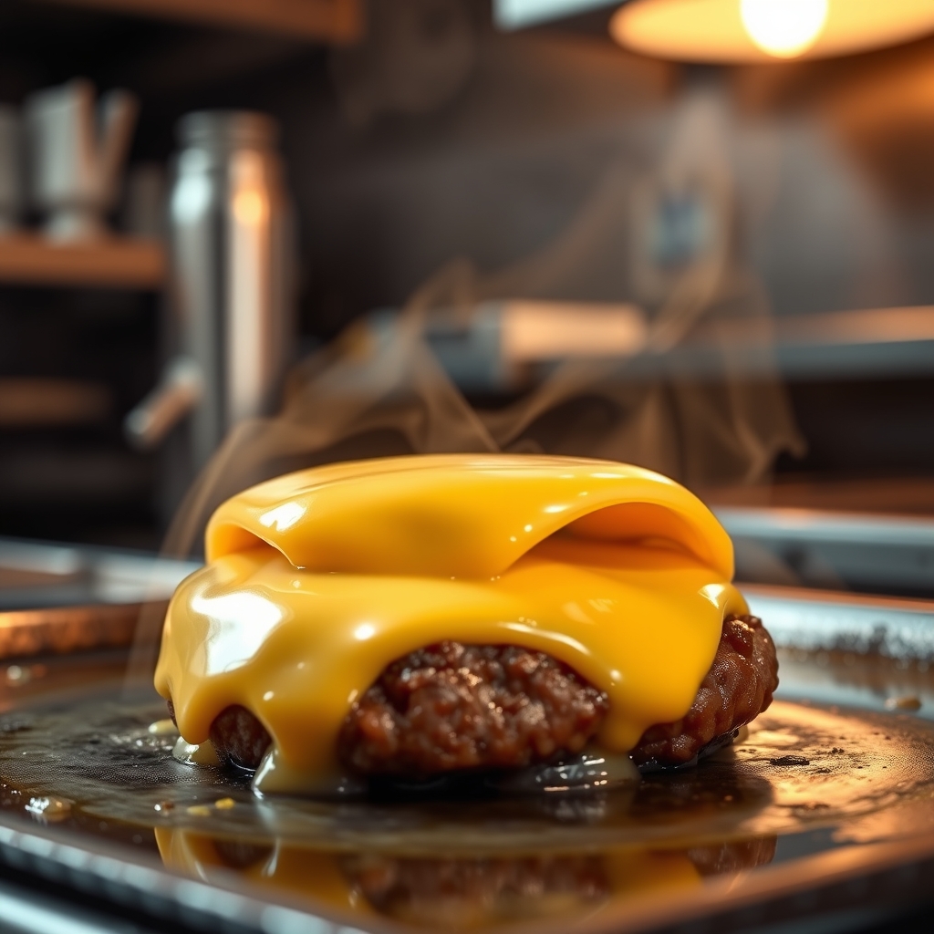 Grilled burger patty with melted cheese on top