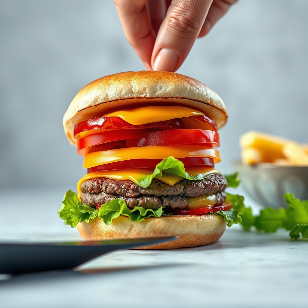 Chef assembling a burger with fresh ingredients