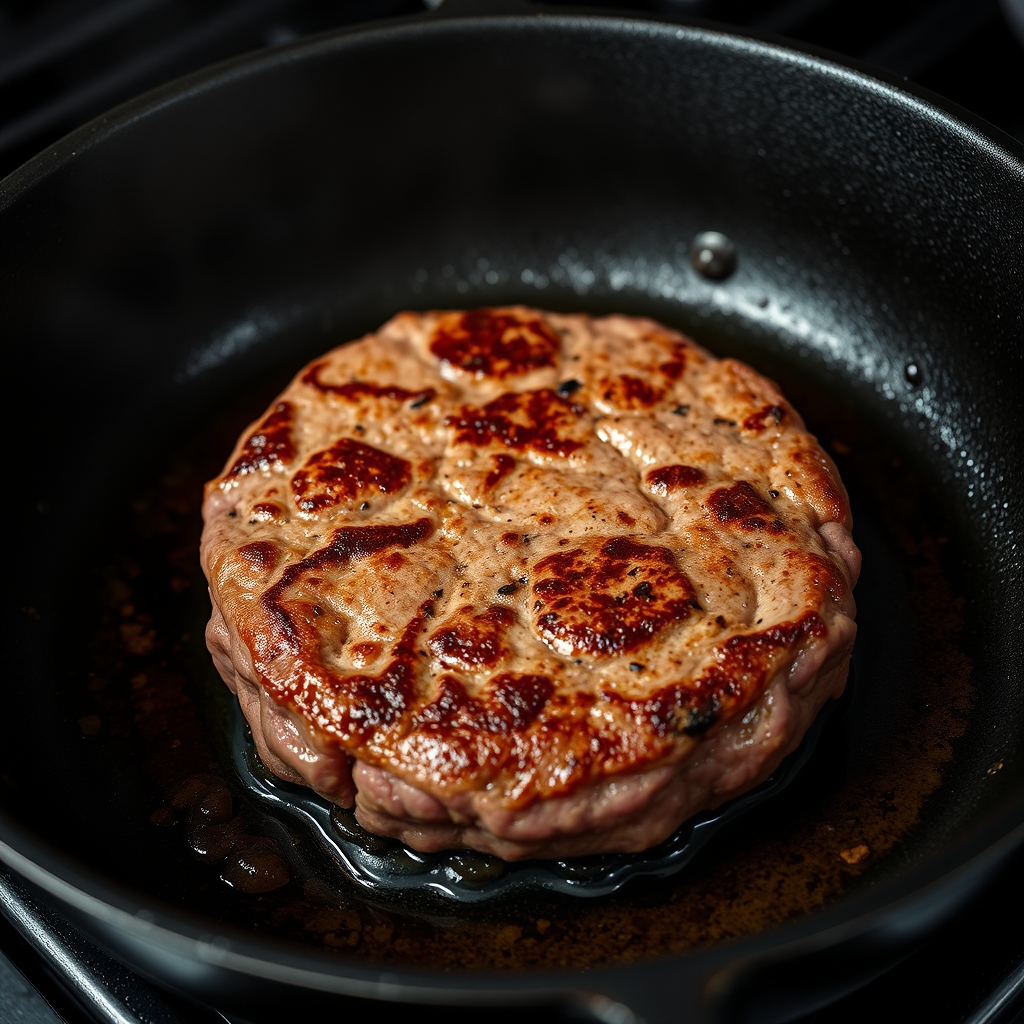 Burger patty cooking on a hot surface
