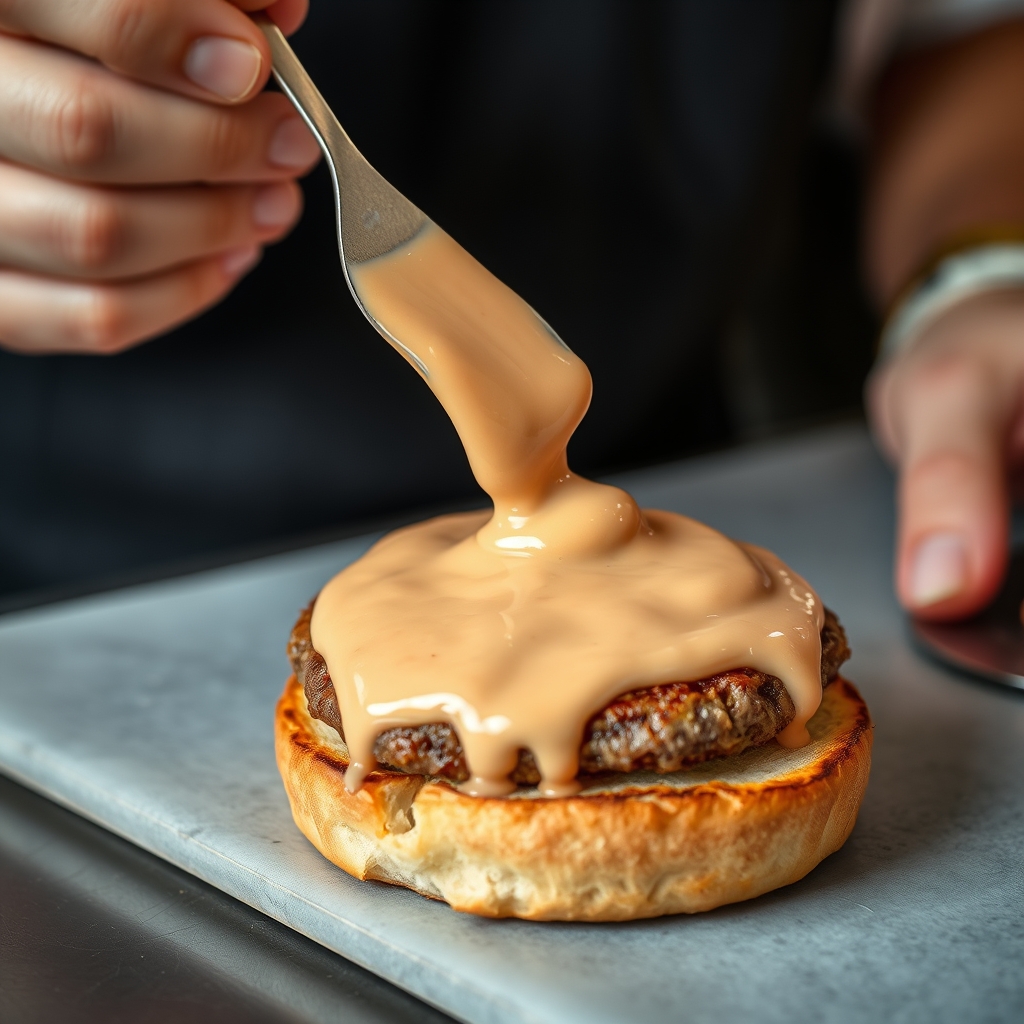 Burger being assembled in a kitchen