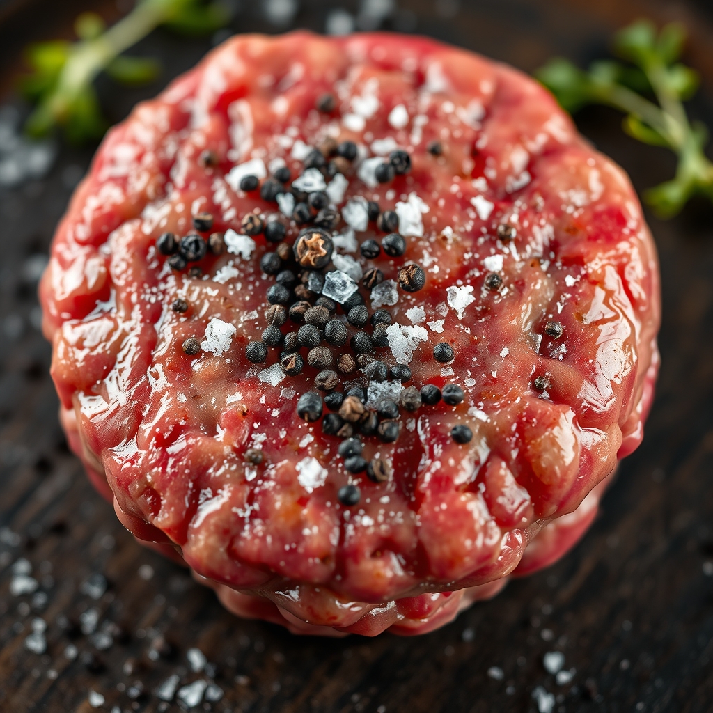 Burger cooking with seasoning and heat