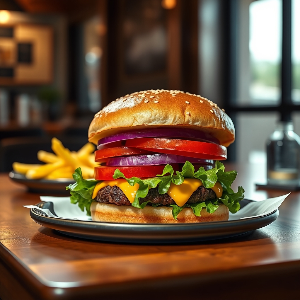 Classic cheeseburger with lettuce and tomato