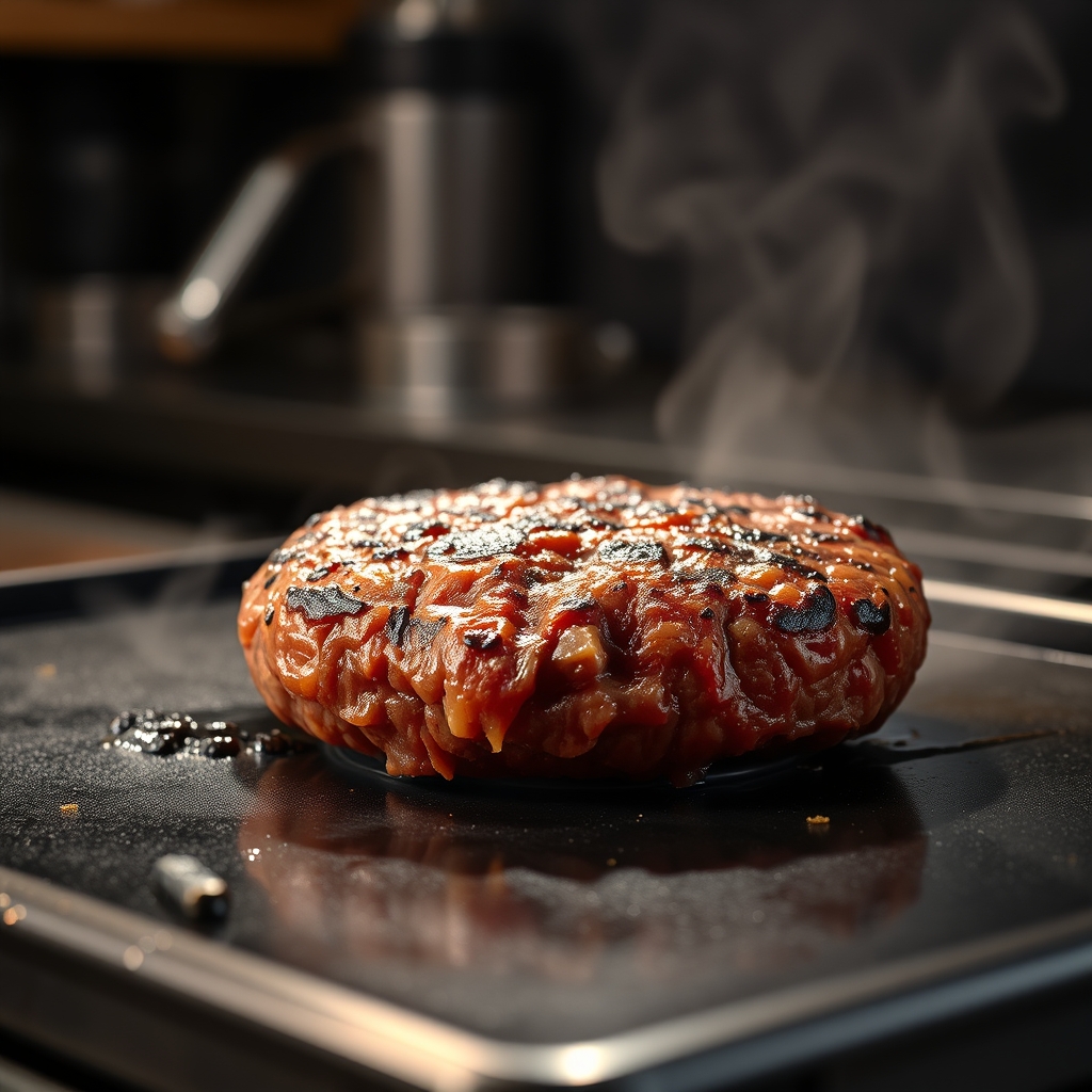 Burger patties and buns cooking