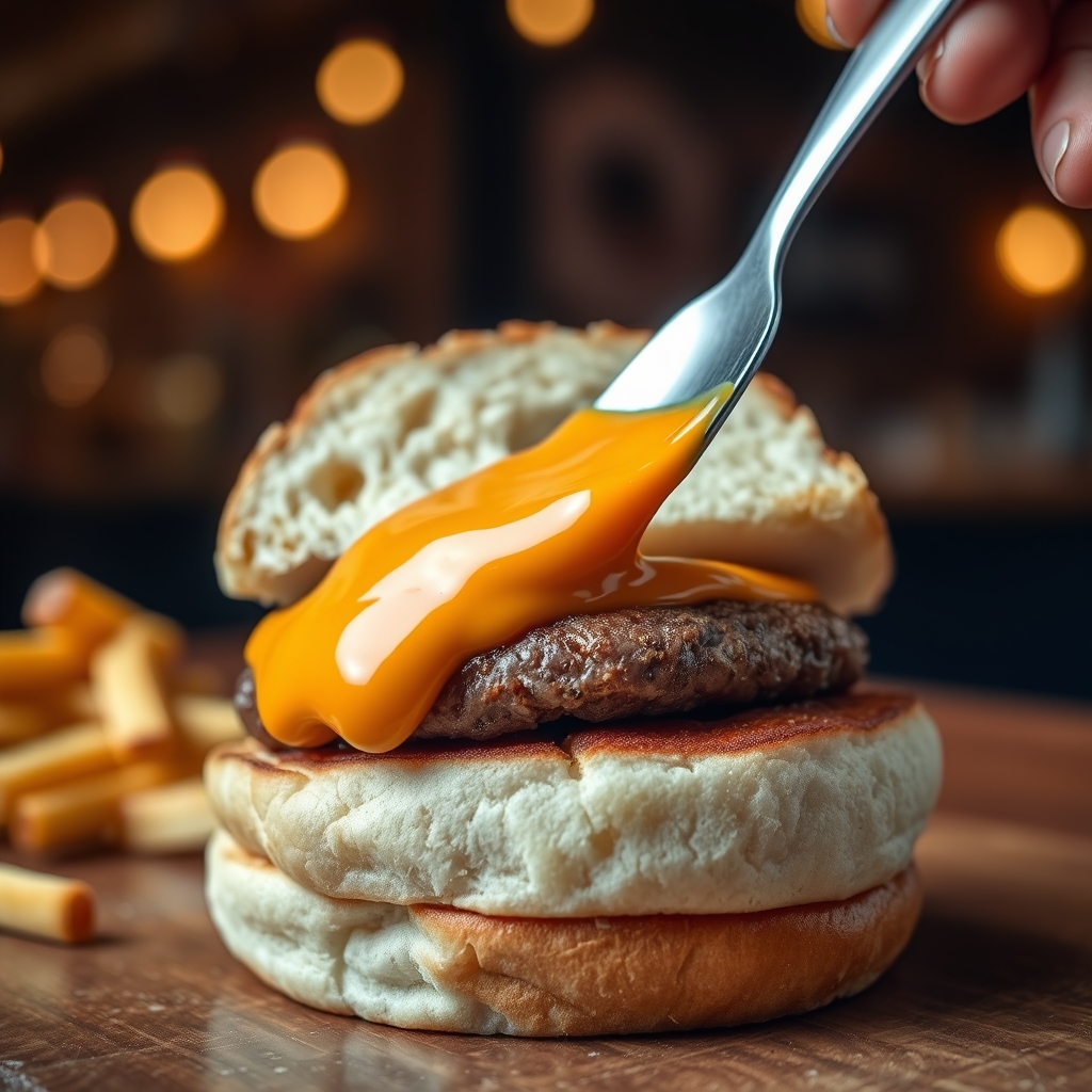 Burger being assembled with tongs