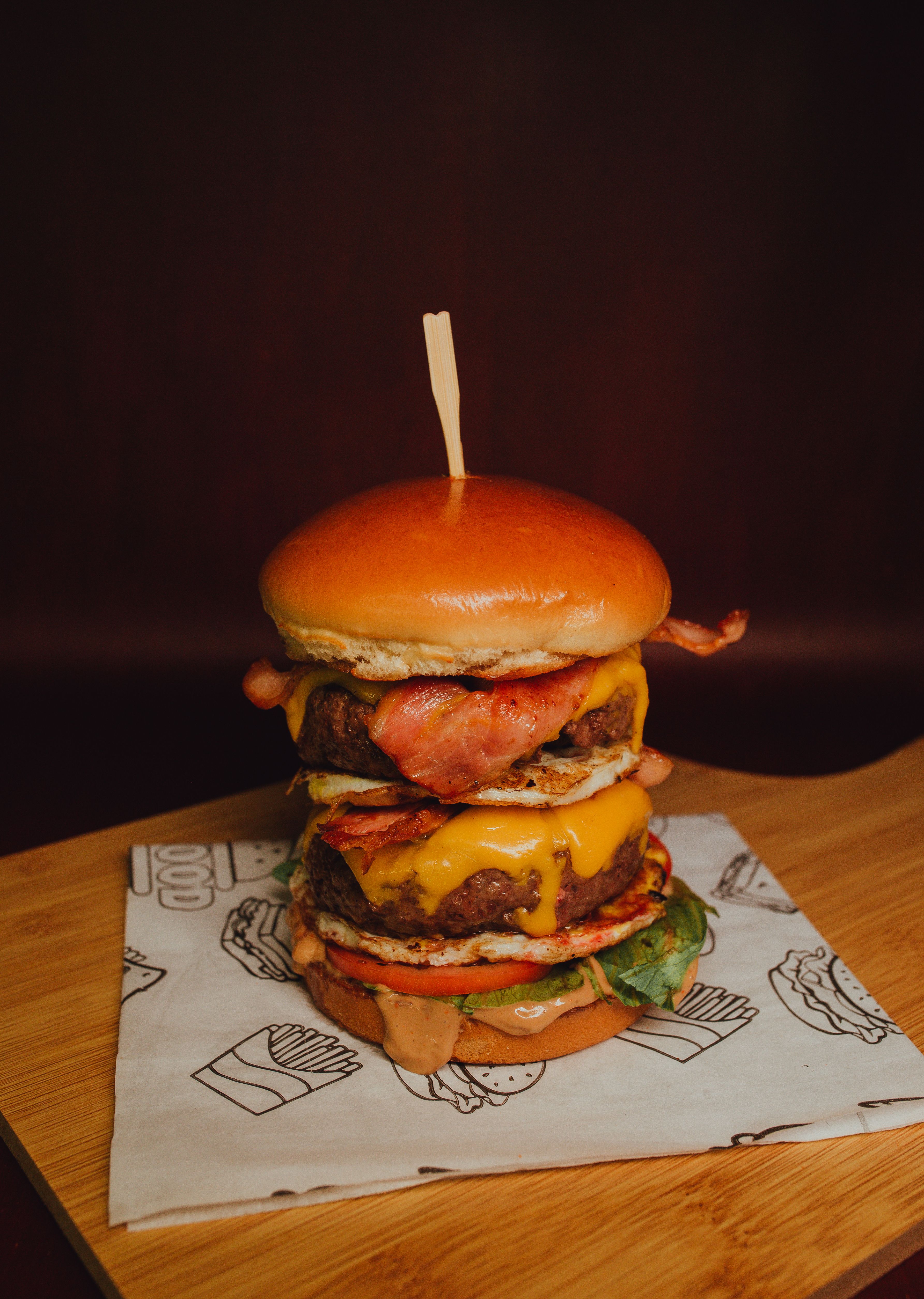 Loaded burger with bacon cheese and crispy onions