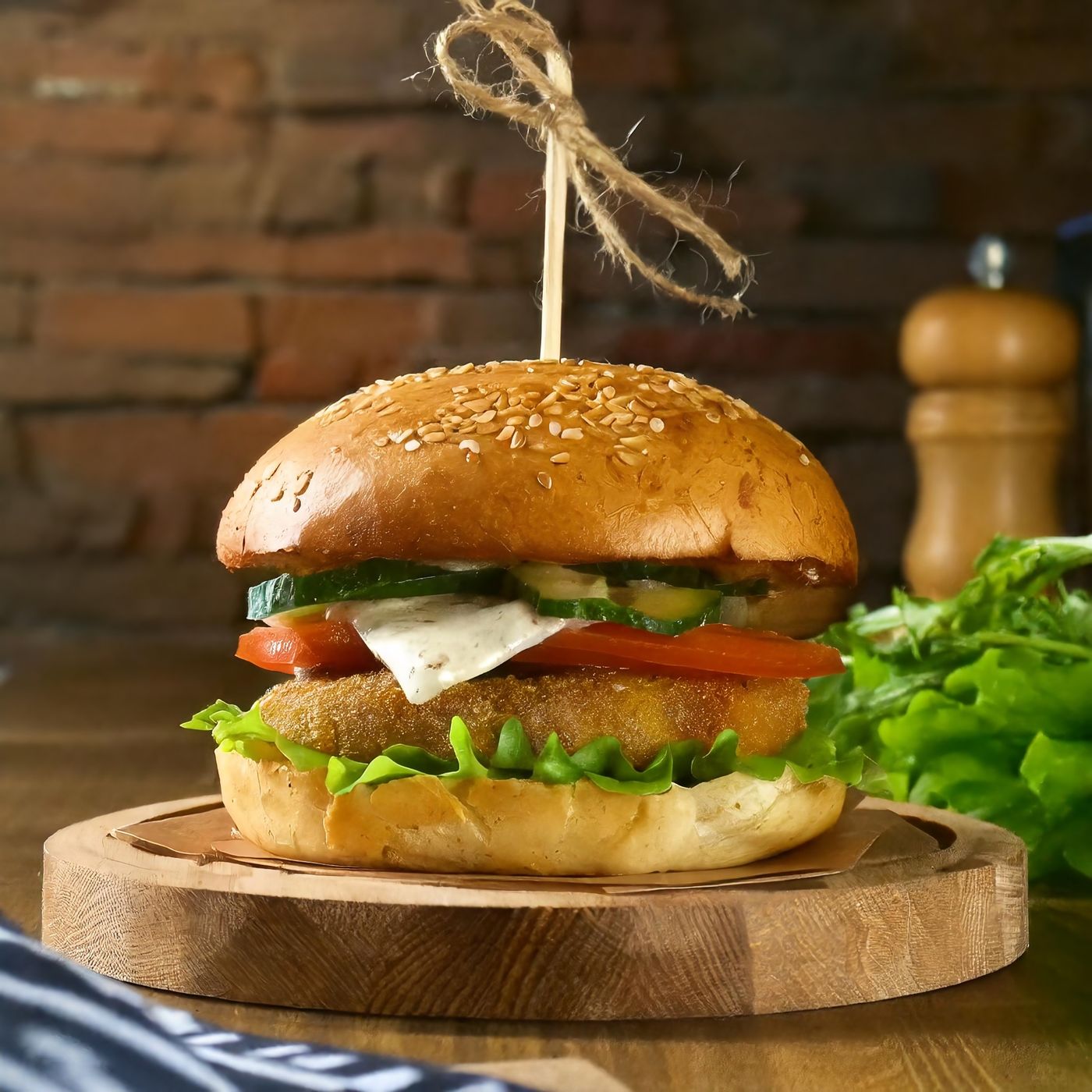 Gourmet veg burger with melted cheese and toppings